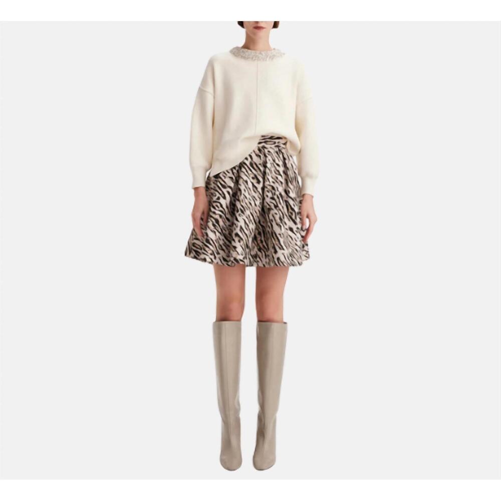 NEW THEO THE LABEL tyche jacquard short pleated skirt in leopard
